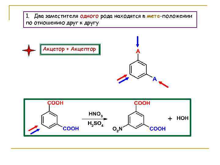 1. Два заместителя одного рода находятся в мета-положении по отношению друг к другу Акцетор
