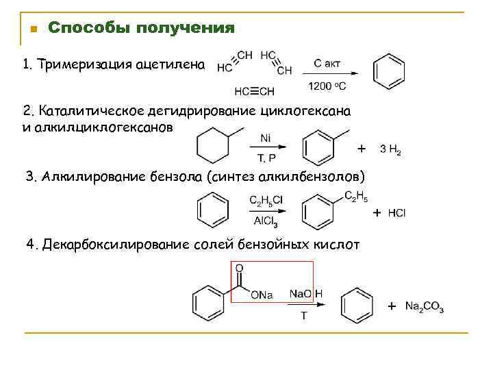 n Способы получения 1. Тримеризация ацетилена 2. Каталитическое дегидрирование циклогексана и алкилциклогексанов 3. Алкилирование