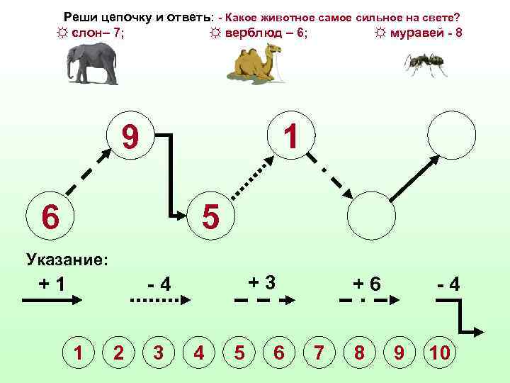 Реши цепочку и ответь: - Какое животное самое сильное на свете? ☼ слон– 7;