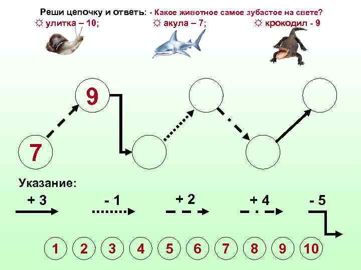 Реши цепочку и ответь: - Какое животное самое зубастое на свете? ☼ улитка –