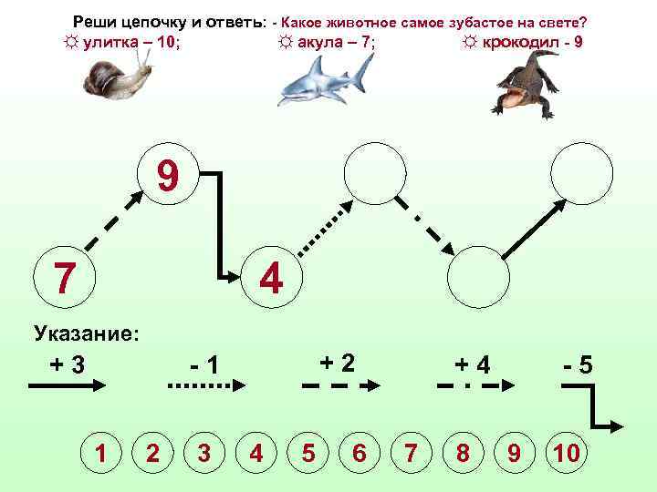 Реши цепочку и ответь: - Какое животное самое зубастое на свете? ☼ улитка –