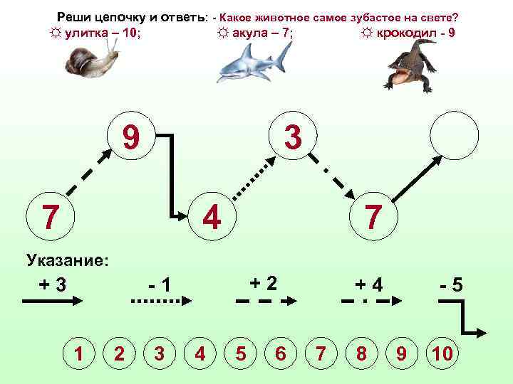 Реши цепочку и ответь: - Какое животное самое зубастое на свете? ☼ улитка –