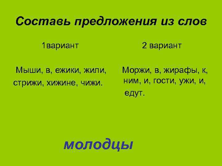 Составь предложения из слов 1 вариант Мыши, в, ежики, жили, стрижи, хижине, чижи. 2