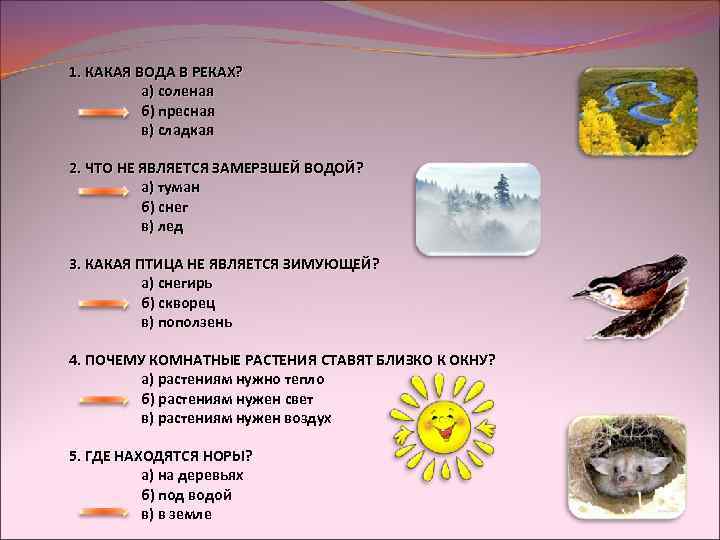 1. КАКАЯ ВОДА В РЕКАХ? а) соленая б) пресная в) сладкая 2. ЧТО НЕ