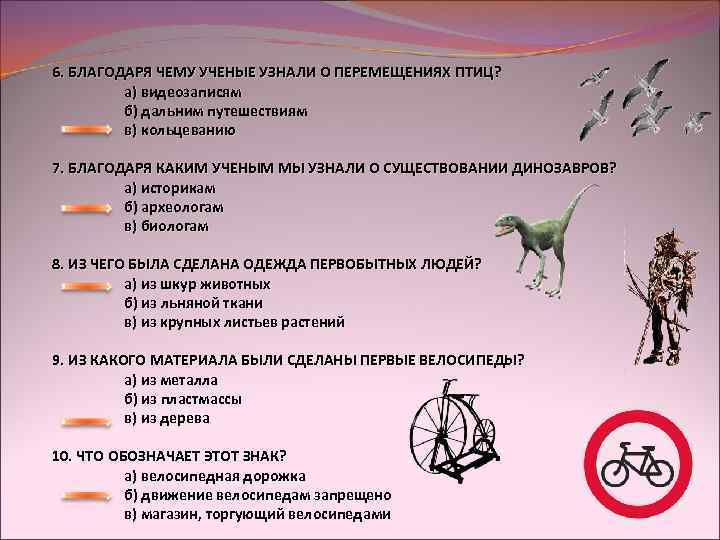 6. БЛАГОДАРЯ ЧЕМУ УЧЕНЫЕ УЗНАЛИ О ПЕРЕМЕЩЕНИЯХ ПТИЦ? a) видеозаписям б) дальним путешествиям в)