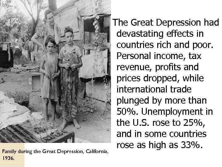 Family during the Great Depression, California, 1936. The Great Depression had devastating effects in