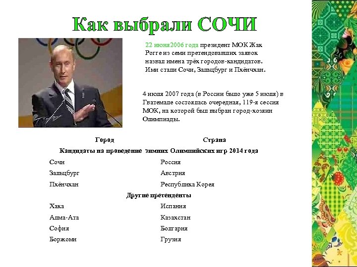 Как выбрали СОЧИ 22 июня 2006 года президент МОК Жак Рогге из семи претендовавших