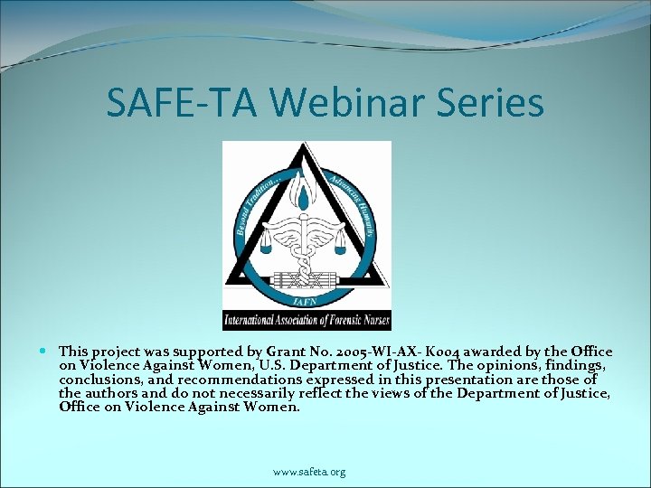 SAFE-TA Webinar Series This project was supported by Grant No. 2005 -WI-AX- K 004