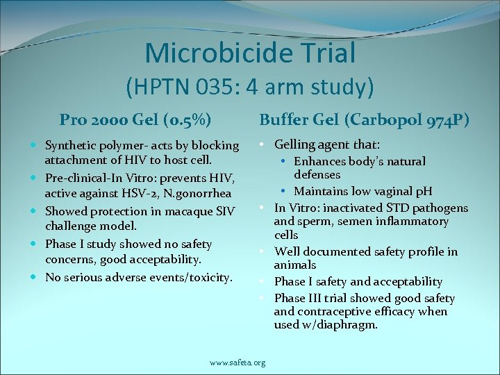 Microbicide Trial (HPTN 035: 4 arm study) Pro 2000 Gel (0. 5%) Synthetic polymer-
