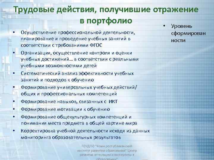 Трудовые действия, получившие отражение в портфолио • Уровень • • Осуществление профессиональной деятельности, планирование