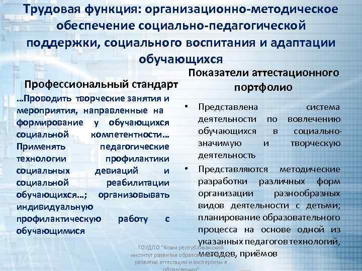 Трудовая функция: организационно-методическое обеспечение социально-педагогической поддержки, социального воспитания и адаптации обучающихся Показатели аттестационного Профессиональный