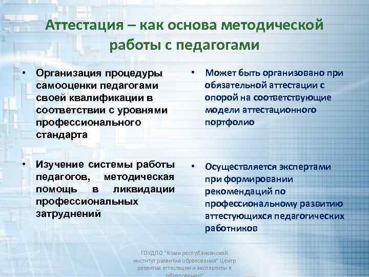 Аттестация – как основа методической работы с педагогами • Организация процедуры самооценки педагогами своей