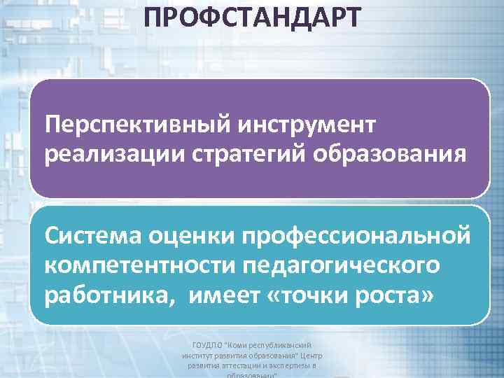ПРОФСТАНДАРТ Перспективный инструмент реализации стратегий образования Система оценки профессиональной компетентности педагогического работника, имеет «точки