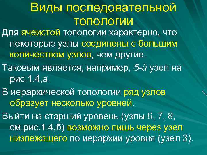 Виды последовательной топологии Для ячеистой топологии характерно, что некоторые узлы соединены с большим количеством