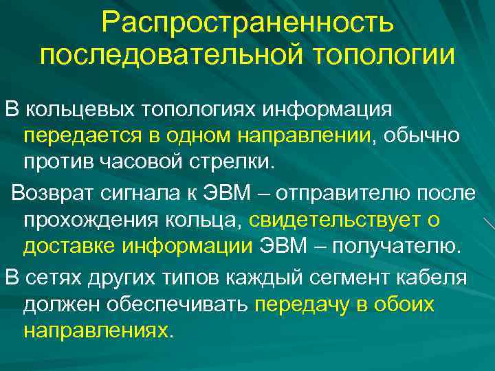 Распространенность последовательной топологии В кольцевых топологиях информация передается в одном направлении, обычно против часовой