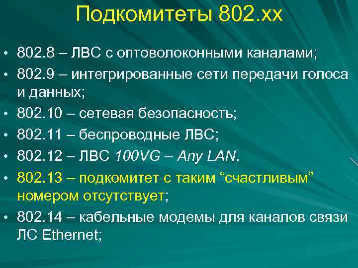Подкомитеты 802. хх • 802. 8 – ЛВС с оптоволоконными каналами; • 802. 9