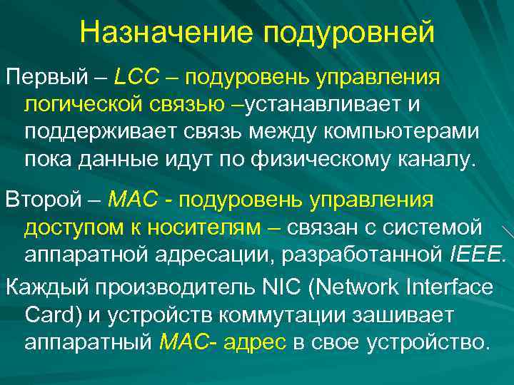 Назначение подуровней Первый – LCC – подуровень управления логической связью –устанавливает и поддерживает связь