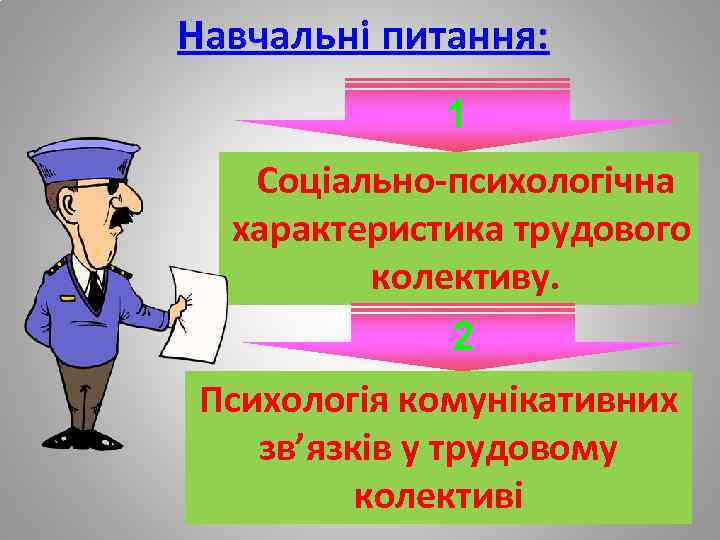 Навчальні питання: 1 Соціально-психологічна характеристика трудового колективу. 2 Психологія комунікативних зв’язків у трудовому колективі
