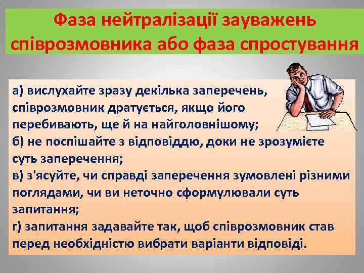 Фаза нейтралізації зауважень співрозмовника або фаза спростування а) вислухайте зразу декілька заперечень, співрозмовник дратується,