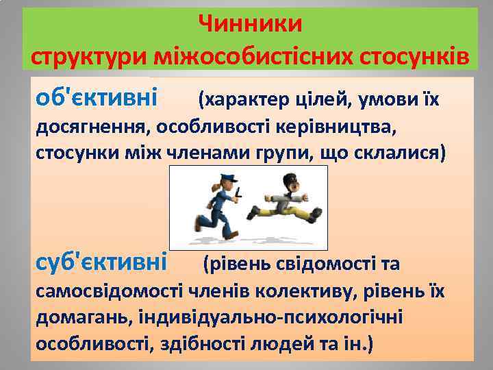 Чинники структури міжособистісних стосунків об'єктивні (характер цілей, умови їх досягнення, особливості керівництва, стосунки між