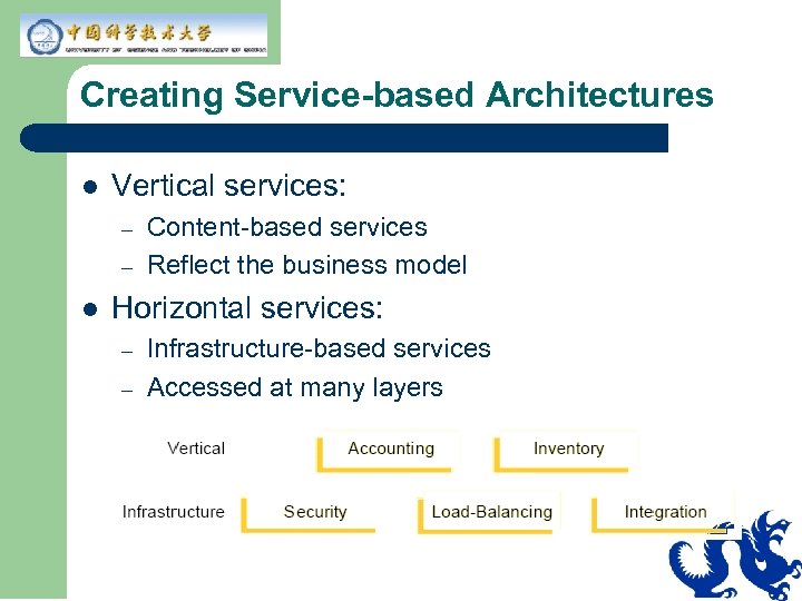 Creating Service-based Architectures l Vertical services: – – l Content-based services Reflect the business