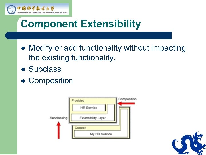 Component Extensibility l l l Modify or add functionality without impacting the existing functionality.