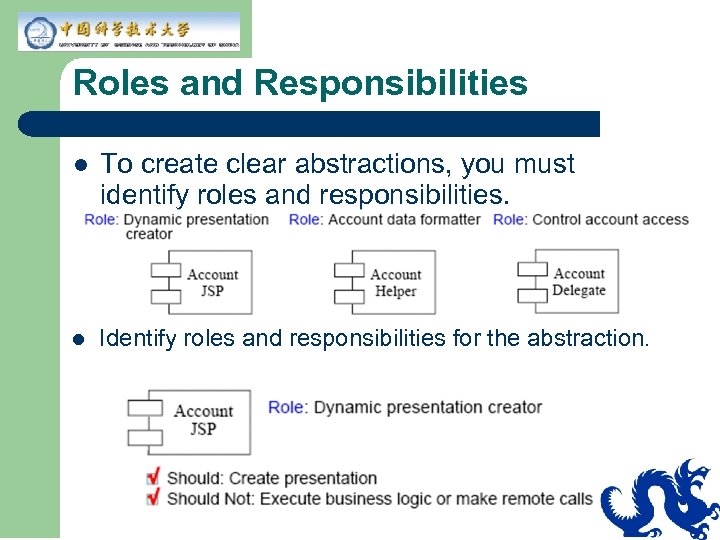 Roles and Responsibilities l To create clear abstractions, you must identify roles and responsibilities.