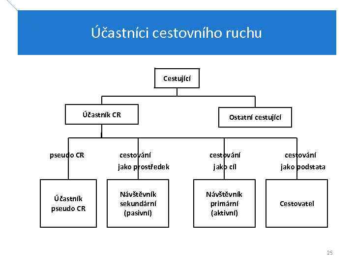 Účastníci cestovního ruchu Cestující Účastník CR Ostatní cestující pseudo CR cestování jako prostředek jako