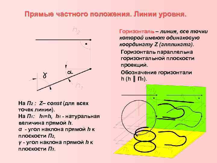 Прямые частного положения. Линии уровня. Горизонталь – линия, все точки которой имеют одинаковую координату