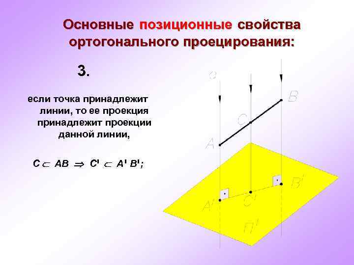 Основные позиционные свойства ортогонального проецирования: 3. если точка принадлежит линии, то ее проекция принадлежит