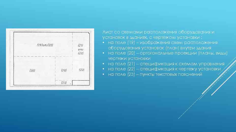 Лист со схемами расположения оборудования и установок в зданиях, с чертежом установки : •