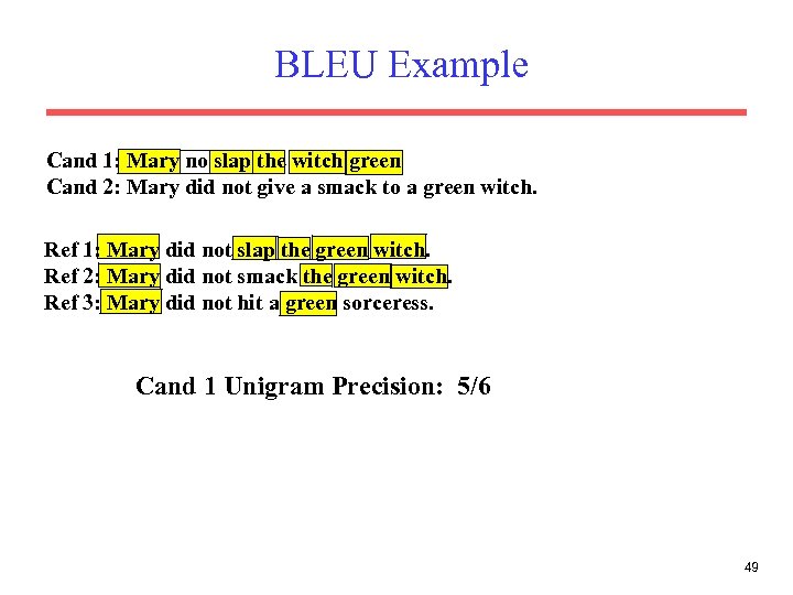 BLEU Example Cand 1: Mary no slap the witch green Cand 2: Mary did