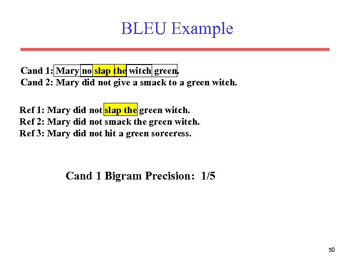 BLEU Example Cand 1: Mary no slap the witch green. Cand 2: Mary did