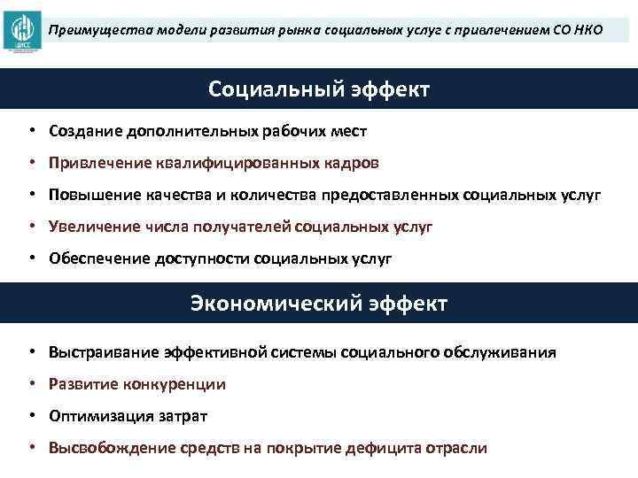 Преимущества модели развития рынка социальных услуг с привлечением СО НКО Социальный эффект • Создание