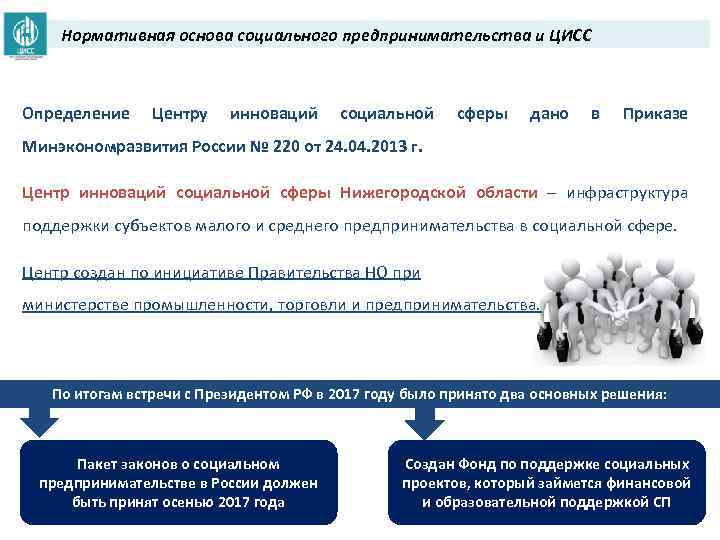 Нормативная основа социального предпринимательства и ЦИСС Определение Центру инноваций социальной сферы дано в Приказе