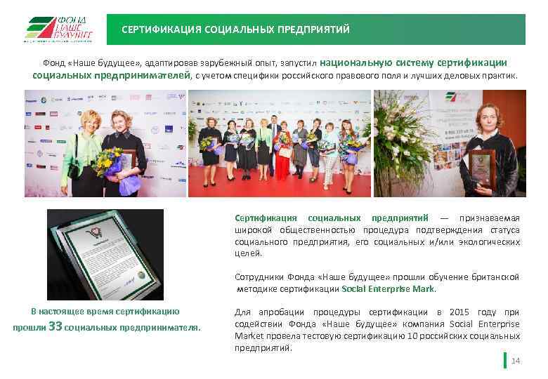 СЕРТИФИКАЦИЯ СОЦИАЛЬНЫХ ПРЕДПРИЯТИЙ Фонд «Наше будущее» , адаптировав зарубежный опыт, запустил национальную систему сертификации