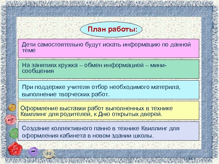 План работы: Дети самостоятельно будут искать информацию по данной теме На занятиях кружка –