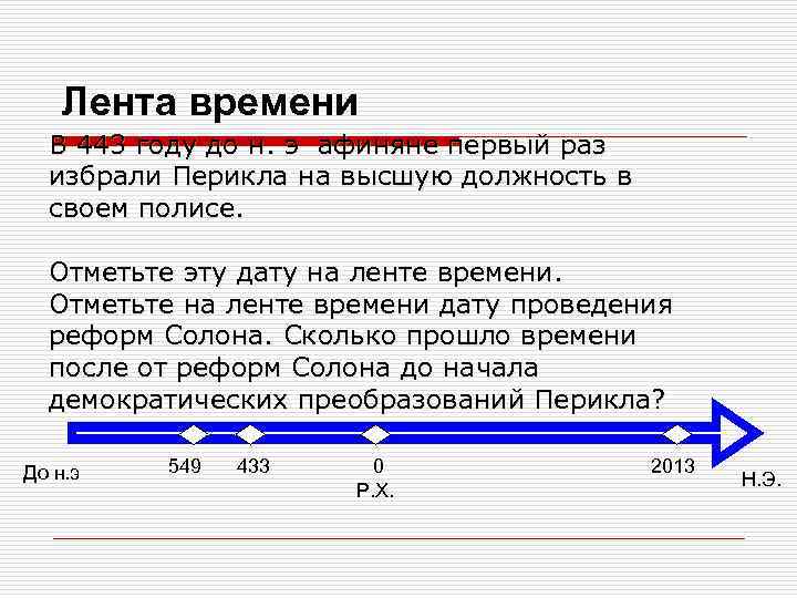 Лента времени В 443 году до н. э афиняне первый раз избрали Перикла на