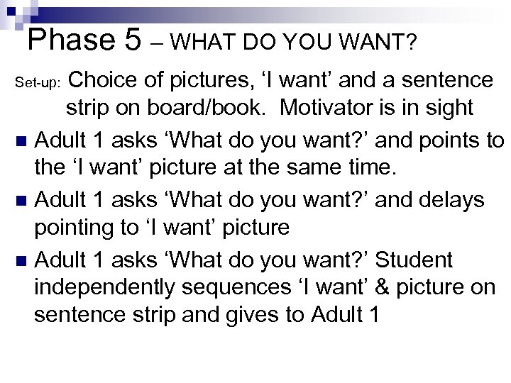 Phase 5 – WHAT DO YOU WANT? Choice of pictures, ‘I want’ and a