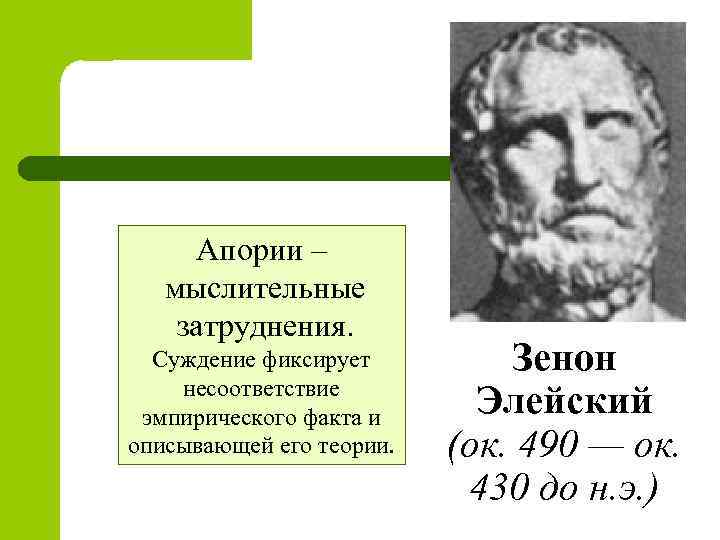 Апории – мыслительные затруднения. Суждение фиксирует несоответствие эмпирического факта и описывающей его теории. Зенон