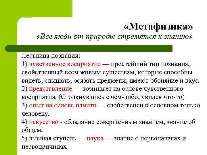  «Метафизика» «Все люди от природы стремятся к знанию» Лестница познания: 1) чувственное восприятие