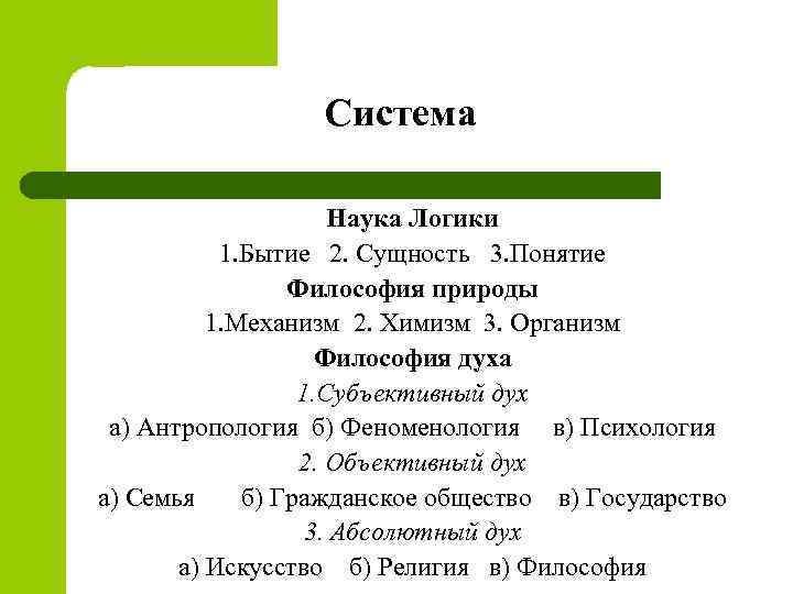Система Наука Логики 1. Бытие 2. Сущность 3. Понятие Философия природы 1. Механизм 2.