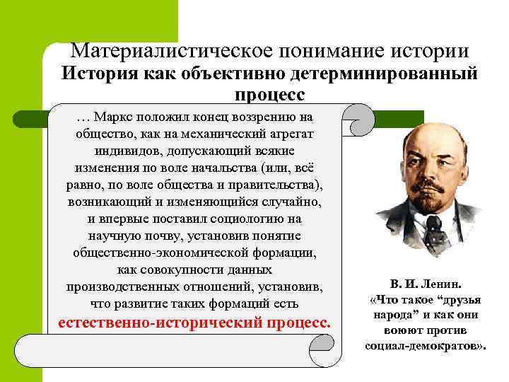 Материалистическое понимание истории История как объективно детерминированный процесс … Маркс положил конец воззрению на