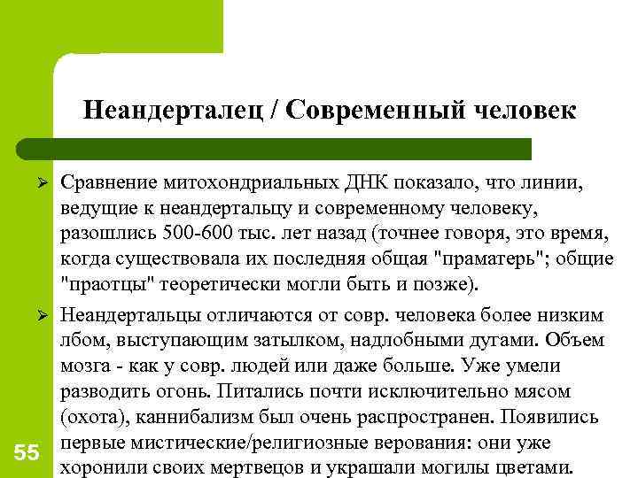 Неандерталец / Современный человек Сравнение митохондриальных ДНК показало, что линии, ведущие к неандертальцу и