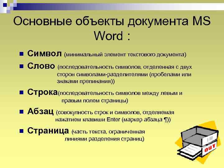 Основные объекты документа MS Word : n n Символ (минимальный элемент текстового документа) Слово