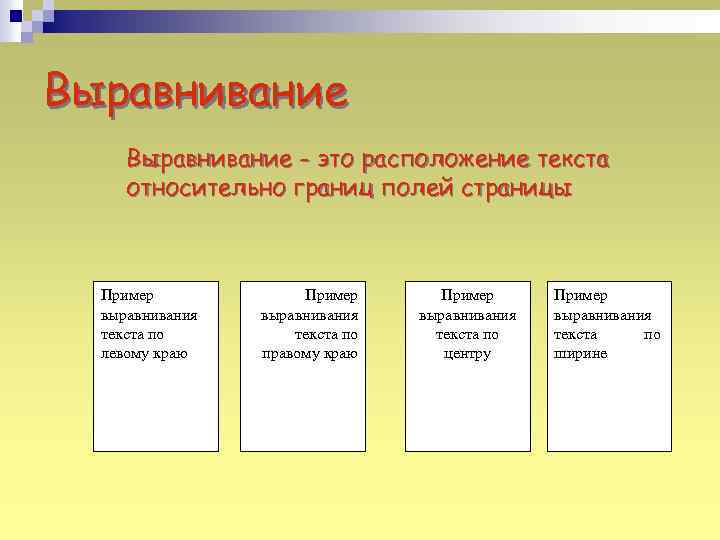 Выравнивание - это расположение текста относительно границ полей страницы Пример выравнивания текста по левому