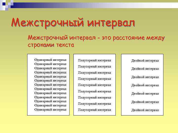 Межстрочный интервал - это расстояние между строками текста Одинарный интервал Одинарный интервал Одинарный интервал