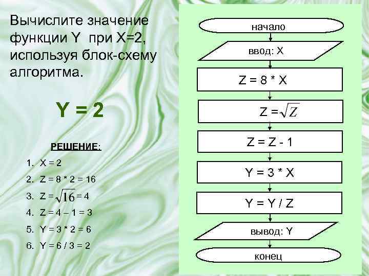 Вычислите значение функции Y при X=2, используя блок-схему алгоритма. Y=2 РЕШЕНИЕ: 1. X =
