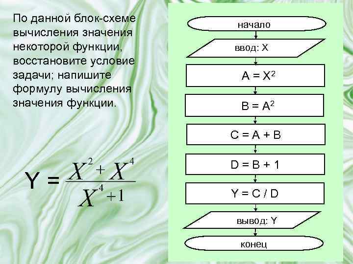 По данной блок-схеме вычисления значения некоторой функции, восстановите условие задачи; напишите формулу вычисления значения