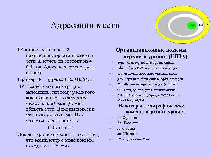 Адресация в сети IP-адрес– уникальный идентификатор компьютера в сети Internet, он состоит из 4